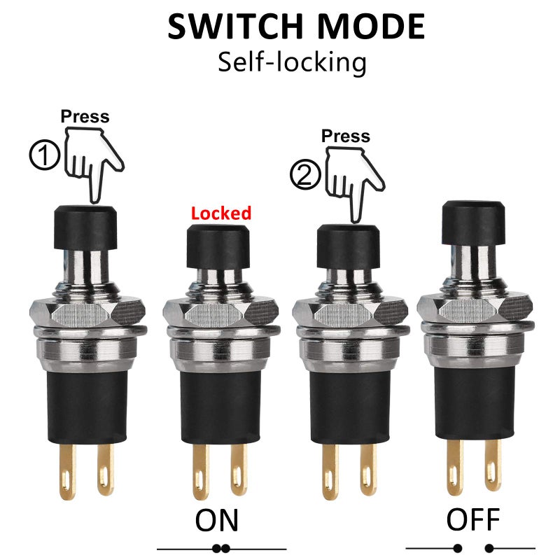 DIYhz 5Pcs Self-Locking SPST Latching Type Dash ON/Off Push Button Switch AC 250V/3A Black - Image 2